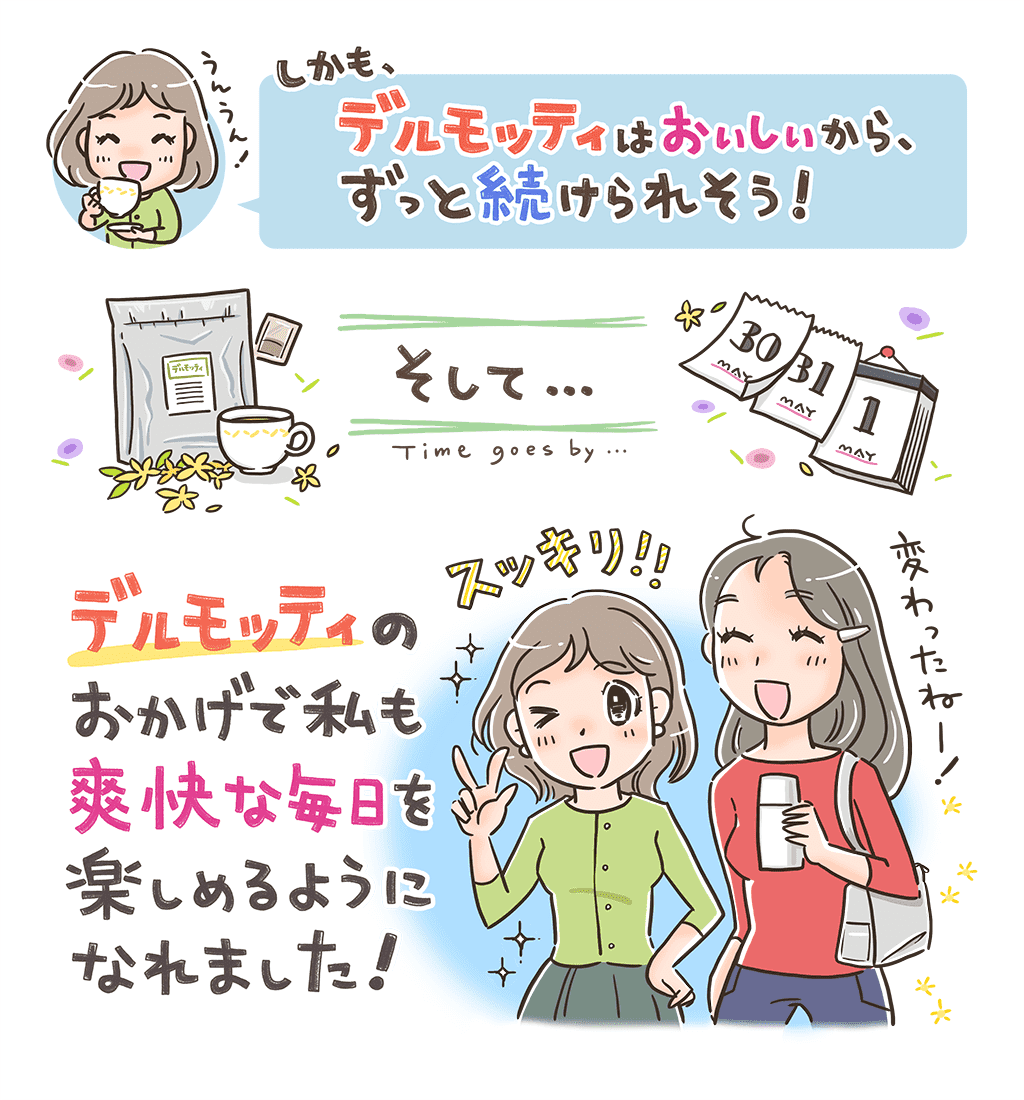 デルモッティのおかげで私も爽快な毎日を楽しめるようになれました!